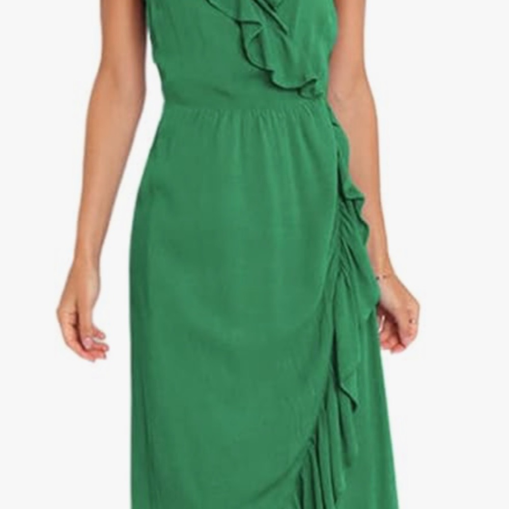 Green One Shoulder Ruffled Wrap Dress - Picture 2 of 2